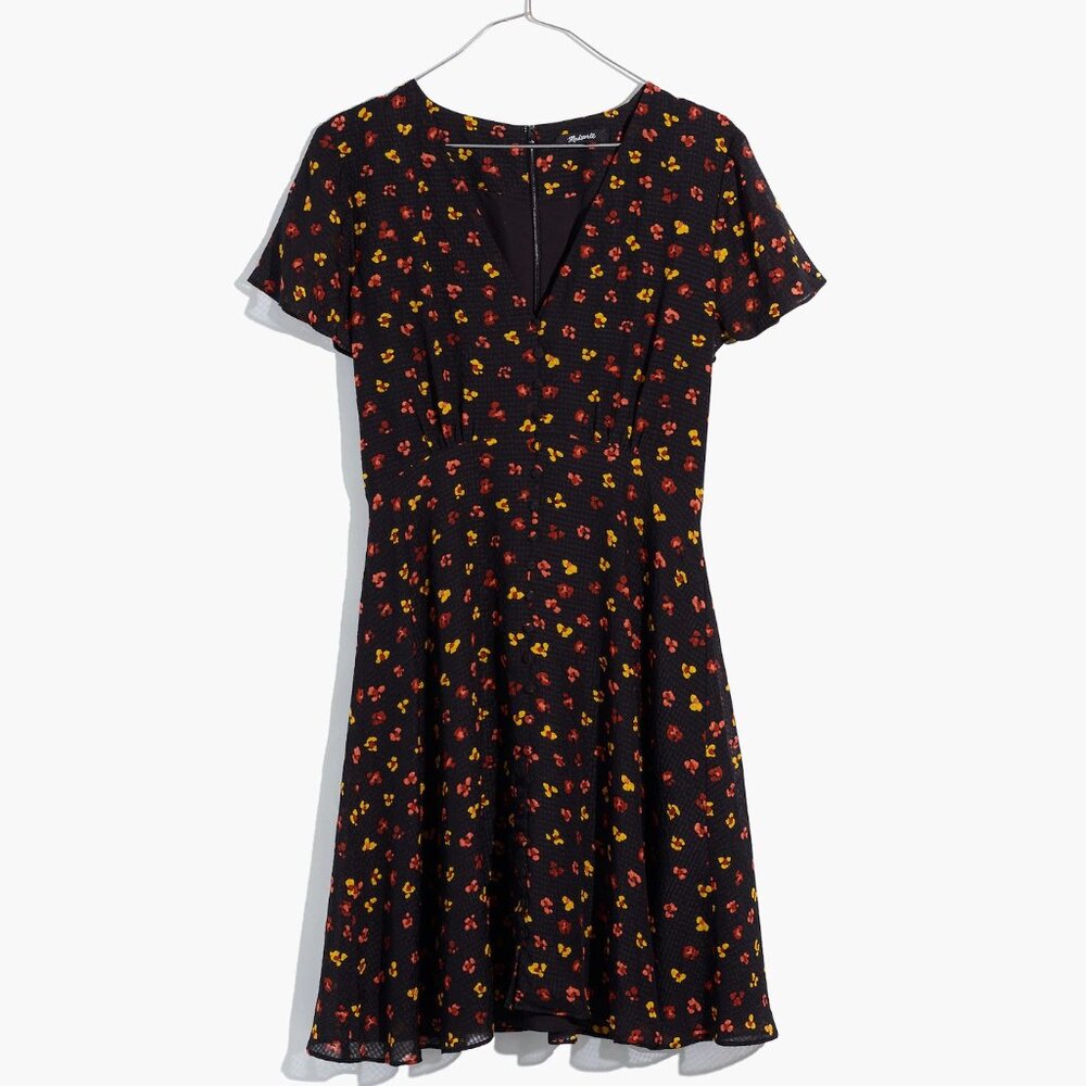 Madewell Black 100% Silk Button Front Swing Dress in Feline Floral Size 2